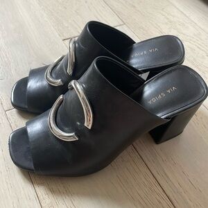 Via Spiga Eleni High Heeled Slide Sandals | Black Leather Mules | Size 5.5